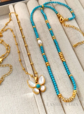 高级感小众天然石串珠项链女轻奢时尚蝴蝶颈链蓝色锁骨链2794