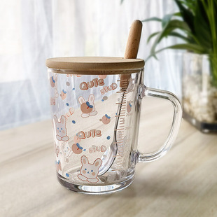 ins玻璃杯卡通印花吸管杯加盖勺刻度可爱牛奶杯早餐杯礼物印