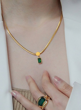 法式新款时尚复古风绿色锆石系列项链耳环手链戒指女士不锈钢饰品