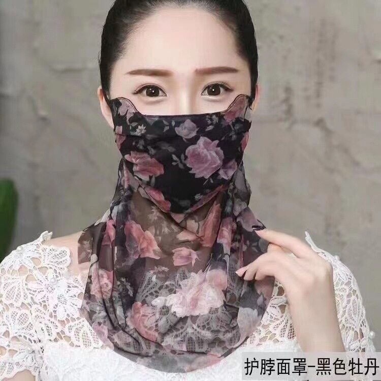 口罩花丝巾女夏季薄款真丝围脖面罩骑车透气护颈三角面纱