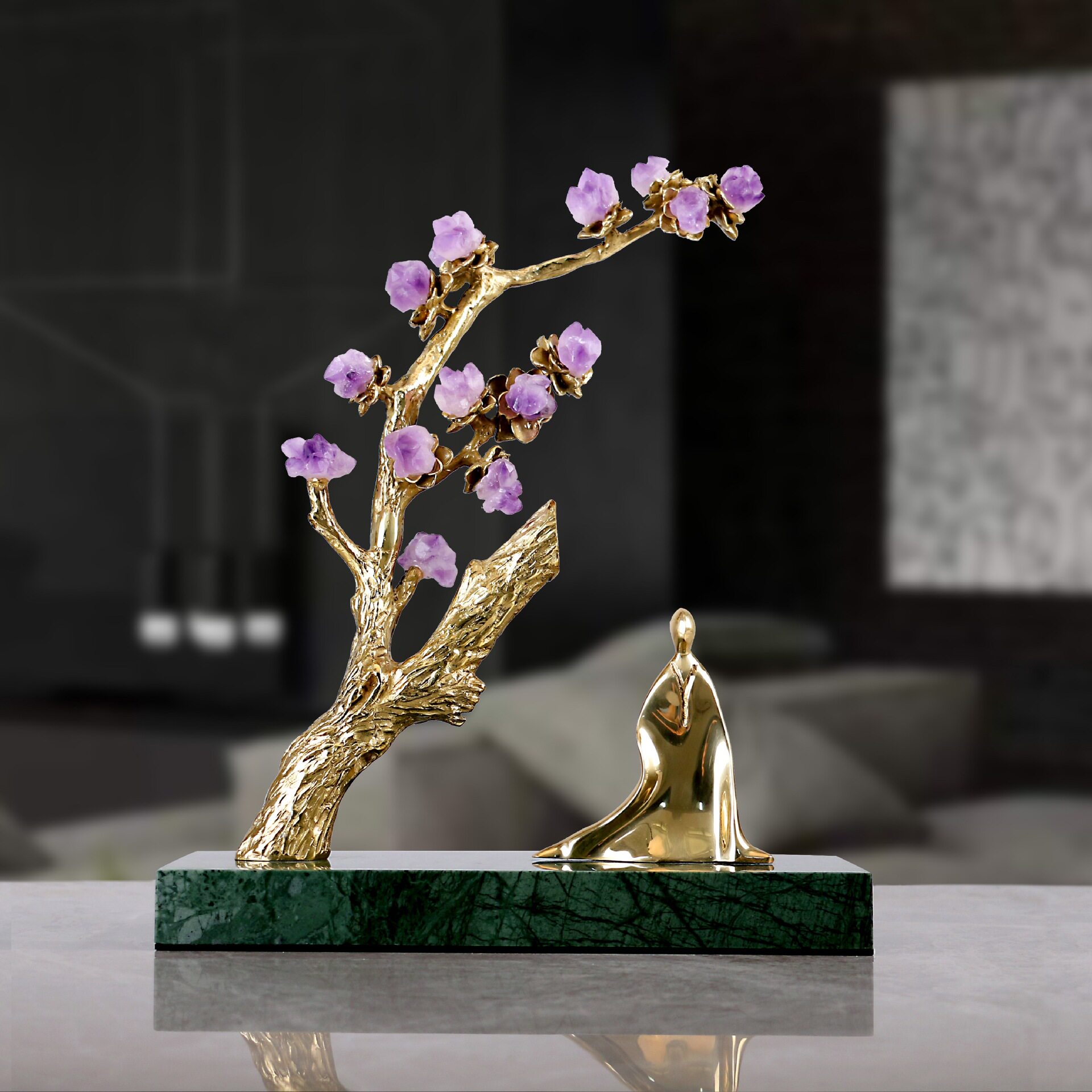 新中式轻奢紫晶石和尚打坐摆件大理石客厅电视柜玄关软装饰品