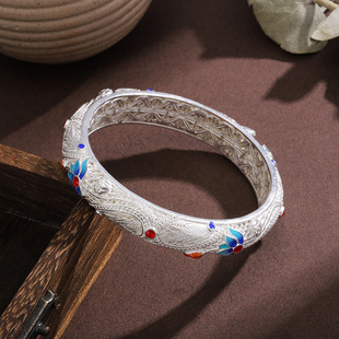 白铜镀银手镯珐琅龙凤呈祥镂空花丝闭口手镯国风中式送妈妈礼物
