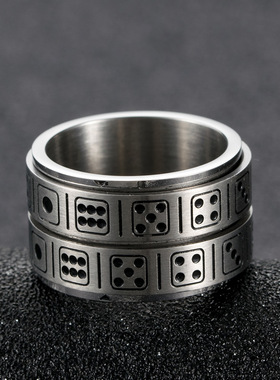 钛钢双圈骰子可转动戒指趣味游戏小道具不锈钢小众个性手饰品