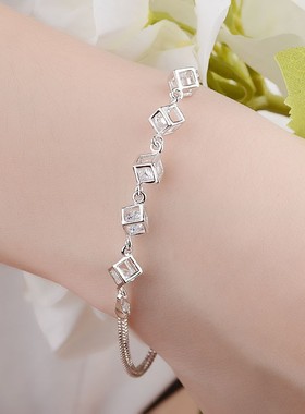 韩版时尚锆石银手链 女 爱情魔方水晶个性百搭方块银手链