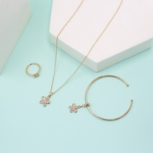 新款金色儿童饰品镶钻花朵戒指手镯项链套装