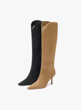 73hours女鞋看展日25冬季新款美拉德尖头高跟长筒靴堆堆靴时装靴