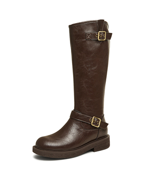 专柜正品百思图2024冬季新款户外街头骑士靴粗跟女长靴W0819DG4