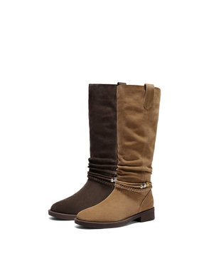 森达复古西部堆堆靴骑士靴25冬新小金豆粗跟美拉德长筒靴ZTI74DG5