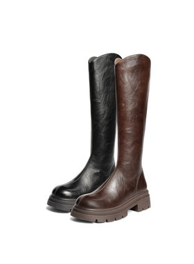 森达骑士靴女25年冬新商场同款复古抓皱厚底显瘦长筒靴XRT01DG5