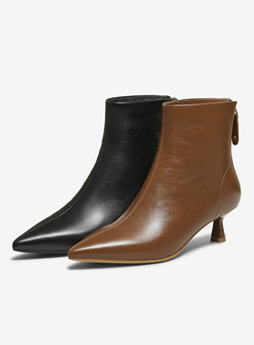 TATA他她靴子2025秋冬牛皮短靴细跟短筒靴黑色洋气高跟靴UWT01DD5