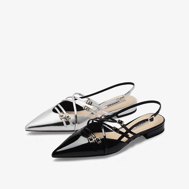 73hours女鞋sia2025春季新款气质百搭尖头后空凉鞋银色平底单鞋女