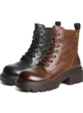 百丽加绒保暖牛皮厚底英伦风马丁靴女鞋子休闲短靴B2940DD5