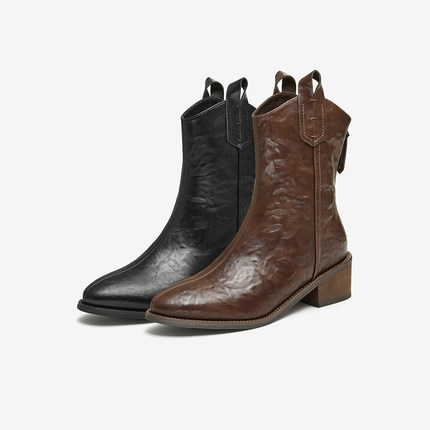 专柜正品百思图2024秋冬复古西部牛仔靴尖头短筒骑士靴女M5302DD4