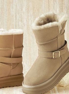 专柜正品百思图24冬真皮加绒加厚雪地靴厚底极寒大棉鞋女J7857DD4