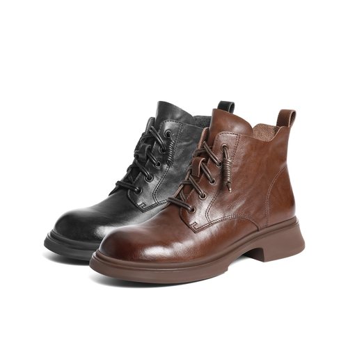 百丽真皮抓皱马丁靴子女25冬新厚底中筒休闲短靴B2939DD5预