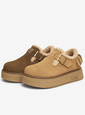 百思图2024冬季商场新款真皮保暖加绒勃肯鞋厚底女棉鞋BG225DM4