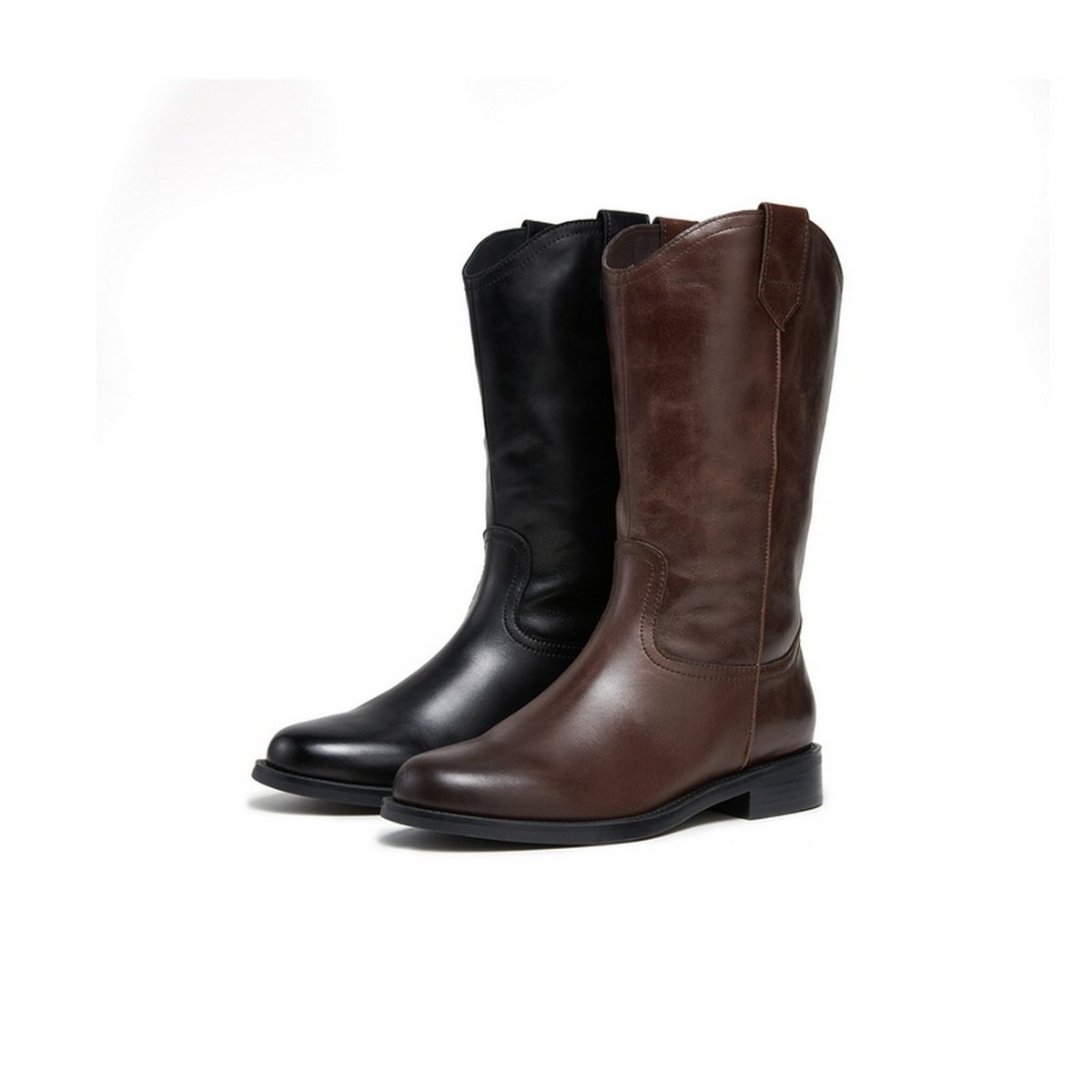 百丽真皮加绒时装西部靴女鞋冬季新款牛皮中筒瘦瘦靴子3QFD1DS5