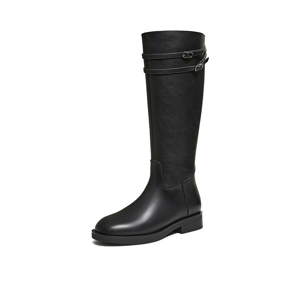 百思图2025冬季新款牛皮骑士靴复古显瘦粗跟女高筒长靴W6563DG5