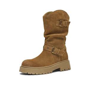 天美意玩具总动员黄金V西部靴复古厚底堆堆靴女中靴CQ965DS5