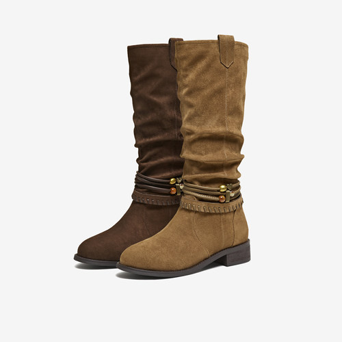 TATA他她长靴女2025冬季新款西部靴百搭时装靴户外堆堆靴CKU01DG5