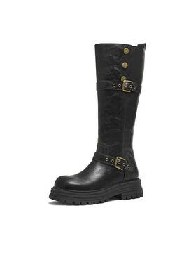 天美意复古厚底骑士靴长靴高筒时装靴休闲皮靴25冬新款KQZ15DG5