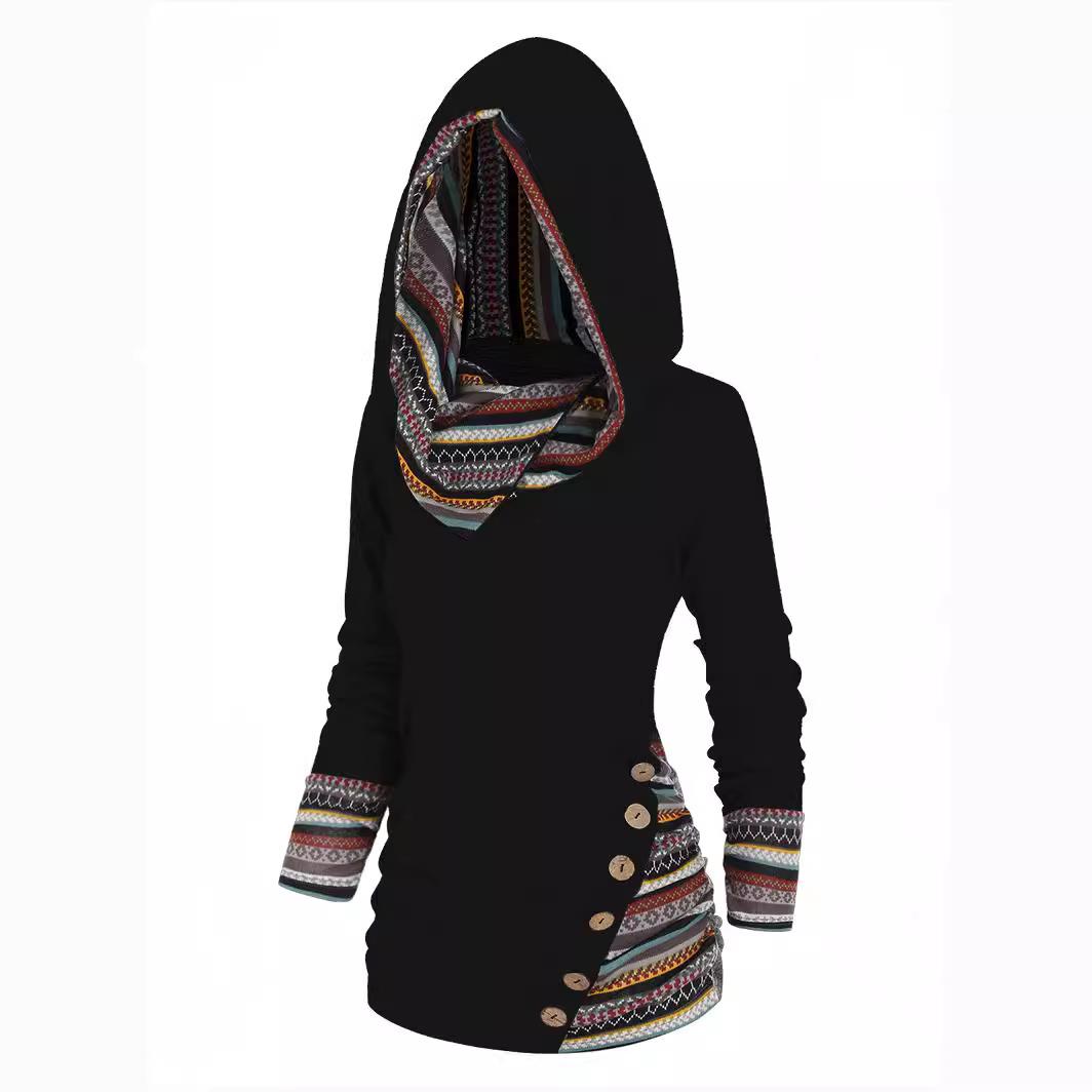 women ethnic geometric stripe splicing hoodie autumn winter