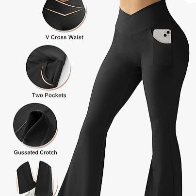 Womens Sexy Cross Yoga Pants with Pockets High Waist Flared