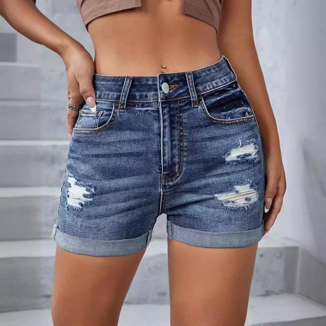 Women's Stretch Jeans Ripped Denim Shorts High Waist Jeans