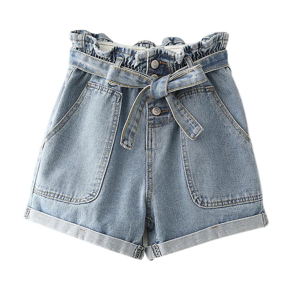 Womens denim shorts with elastic lace-up buttoned denim