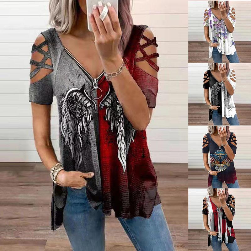 T-shirt womens short-sleeved hollow cross zipper V-neck