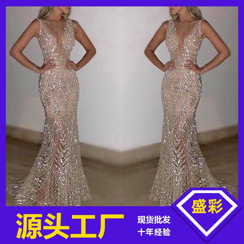 Evening dress for women long sleeveless sexy deep v sequin