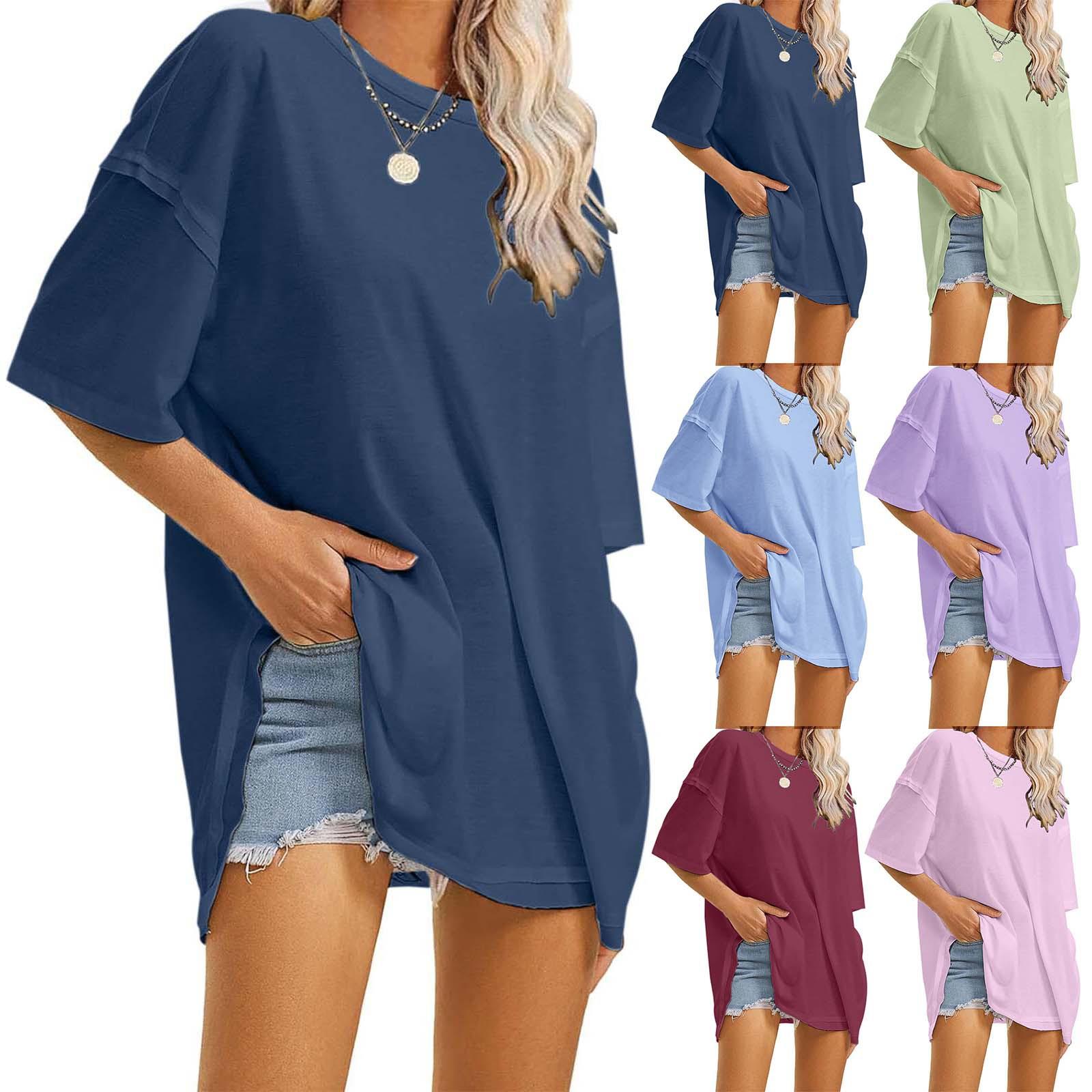 Womens solid color round neck loose T-shirt with slits on