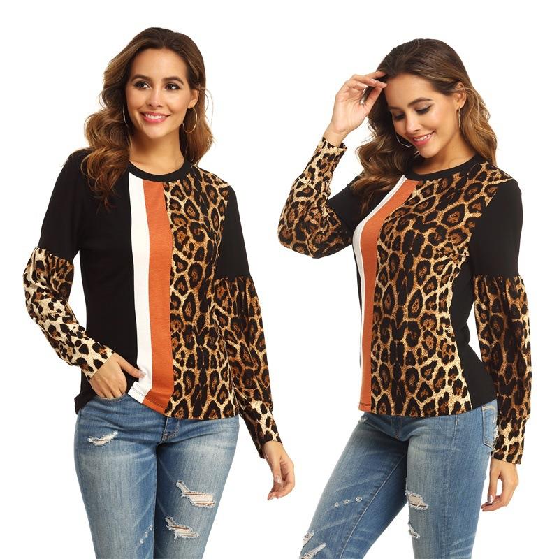 Leopard print contrast long sleeve women's top T-shirt