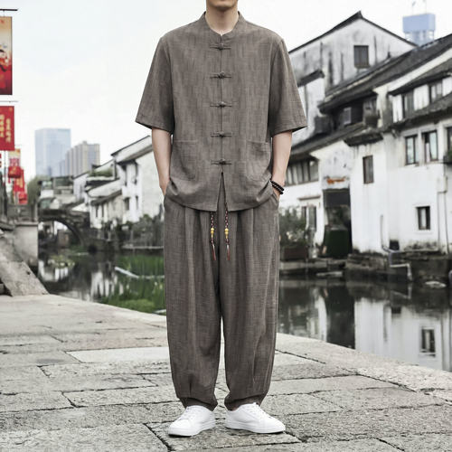 新中式男装套装亚麻短袖衬衫男夏薄款立领唐装男士衬衫冰丝套装男