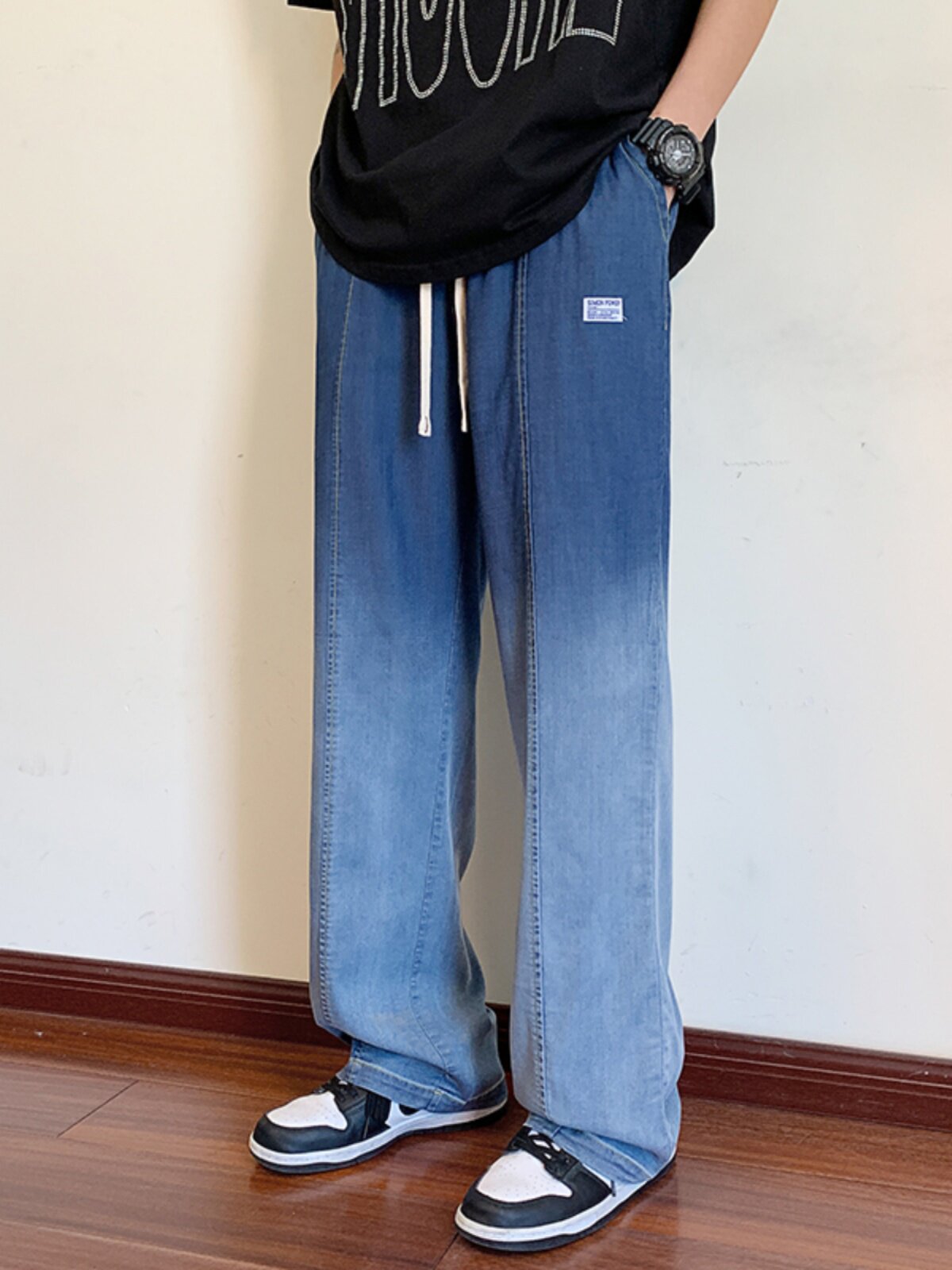 TENCEL JEANS MENS SUMMER THIN DRAPE STRAIGHT LOOSE PANTS MENS AMERICAN HIGH STREET MICRO WIDE ICE SILK PANTS TIDE