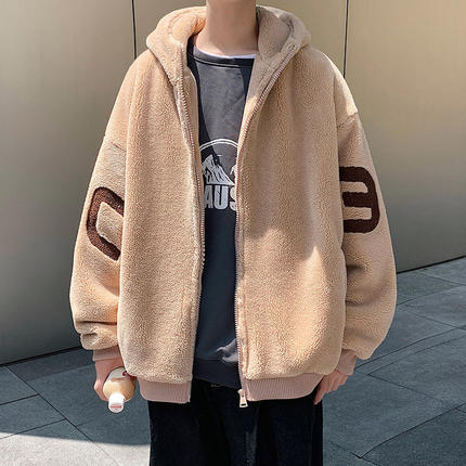 羊羔绒棉衣男冬季加绒加厚外套潮牌青少年棉袄保暖刺绣颗粒绒棉服