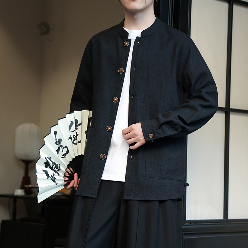 夏季亚麻衬衫男长袖棉麻夹克外套