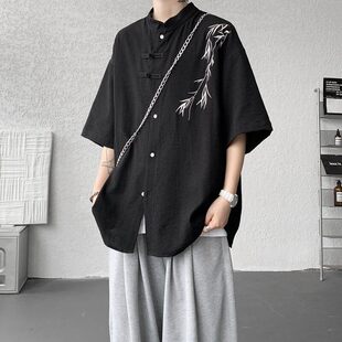 薄款 寬松棉麻上衣新中式 襯衫 刺繡盤扣唐裝 漢服 男夏季 天絲亞麻短袖