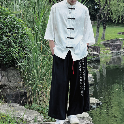 Ice Silk Shirt for Men, Summer Three-Quarter Sleeve Shirt, New Chinese Style Button-Up Top, Men's Chinese Style Clothing, Tang Suit Cardigan