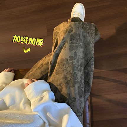 垂感裤子男秋冬季加绒加厚保暖阔腿裤美式宽松休闲裤男士直筒卫裤