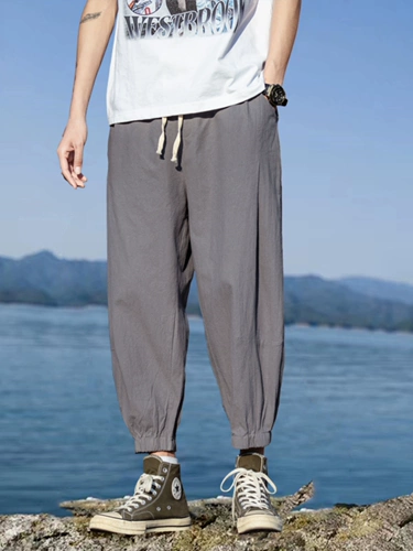 Летние тонкие китайские штаны, подсветка пола, фонарь, китайский стиль, из хлопка и льна, свободный крой, большой размер