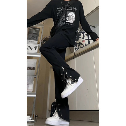 美式高街拉链牛仔裤男秋季款加绒修身直筒长裤vibe微喇排扣工装裤