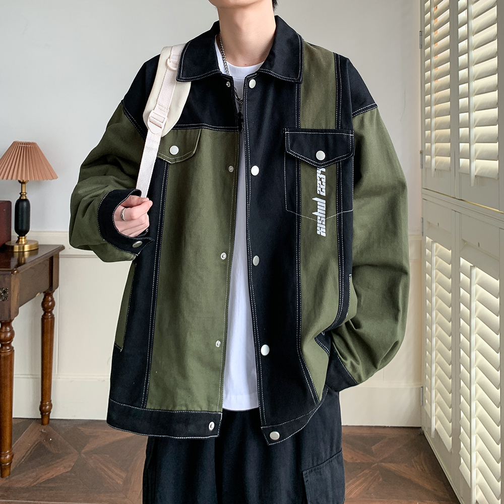 撞色拼接工装外套男翻领休闲上衣