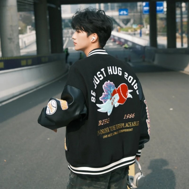 美式高街皮袖棒球服男生秋季外套