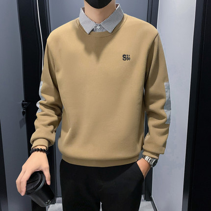 衬衫领卫衣男加绒加厚假两件针织衫长袖2024新款秋冬款内搭T恤潮t