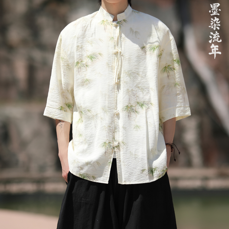 新中式冰丝短袖衬衫男休闲T恤潮
