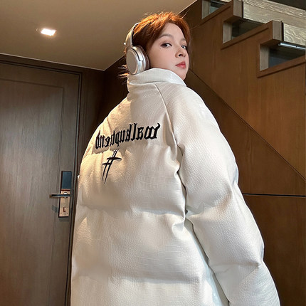 鳄鱼纹pu皮羽绒棉服男款冬季加厚面包服高级感痞帅中长款棉袄外套