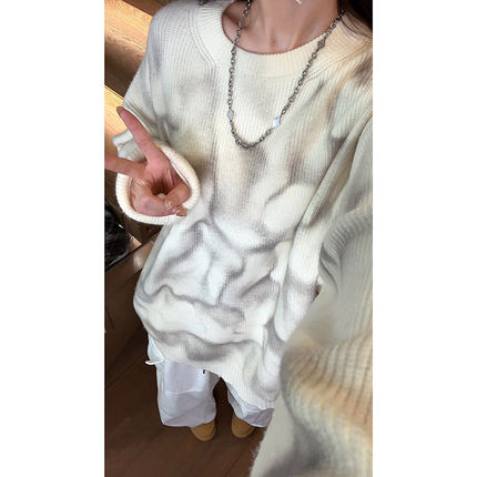 圆领毛衣男秋冬美式复古扎染针织衫慵懒风高级感宽松内搭打底线衣