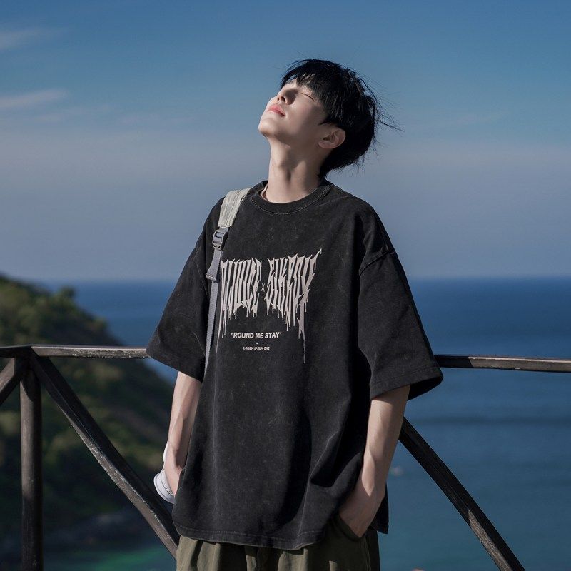 做旧水洗短袖男夏季纯棉印花T恤