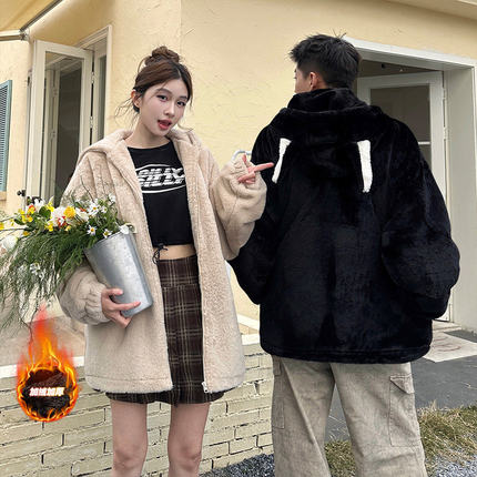 超好看羊羔毛外套男冬季加绒加厚情侣棉衣青少年潮牌宽松连帽棉袄